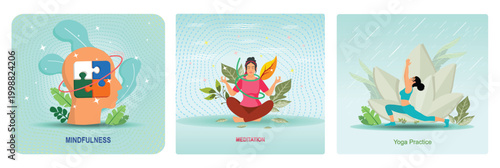 Mindfulness Mind Puzzle concept. Woman meditating in nature and leaves. Yoga practice.