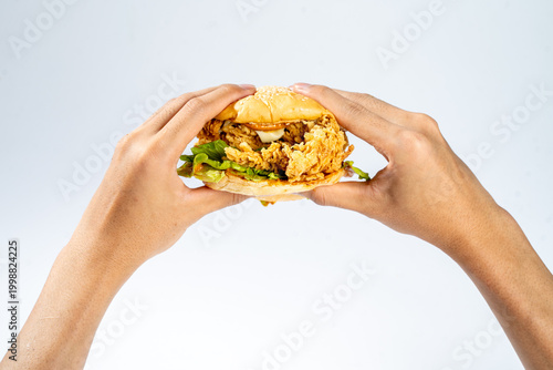 Hand holding a fried chicken burger isolate on white background