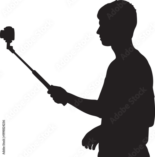 Silhouette of a Man Using a Camera on a Selfie Stick Isolated on White