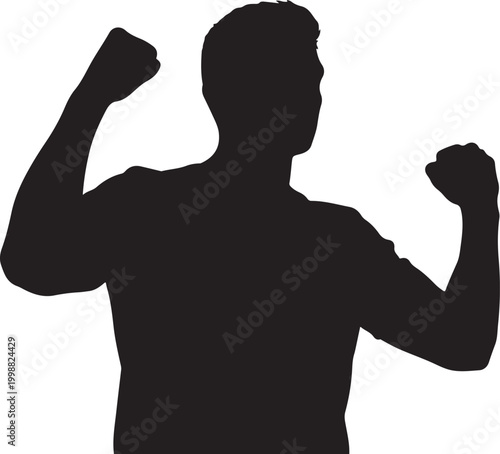 Silhouette of a Successful Man Cheering with Fists Raised on White