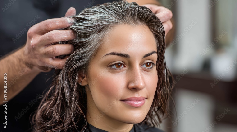 Naklejka premium Woman receiving professional hair treatment in a modern salon, focused on care and beauty ritual for healthy hair
