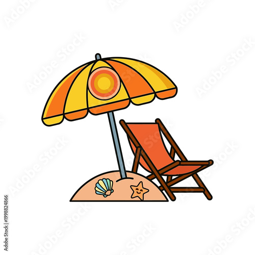 Beach Umbrella and Sun Lounger with Seashells on Sand