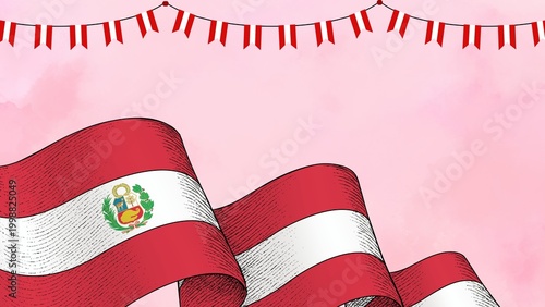 Quadro su tela Peruvian Flag Waving Proudly with Festive Bunting on a Soft Pink Background