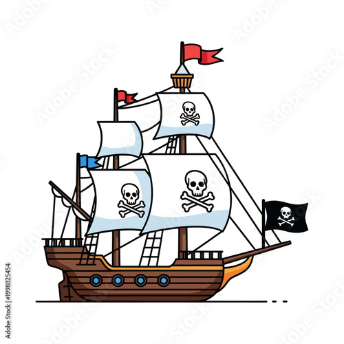 Cartoon Pirate Ship with Jolly Roger Flags and Skull Sails