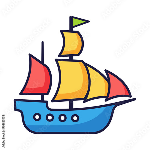 Cartoon Sailing Ship with Colorful Sails, Vector Illustration