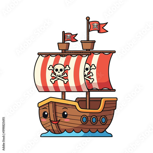 Cute Cartoon Pirate Ship with Jolly Roger Flags and Striped Sails