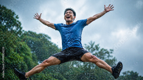 An Asian man is seen jumping for joy at being able to exercise in the rain.