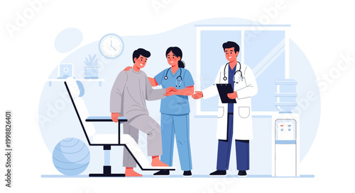 Physical therapist assisting patient with exercises in a modern medical office setting