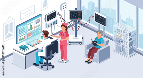 Medical team examines patient in modern hospital room with doctor nurse