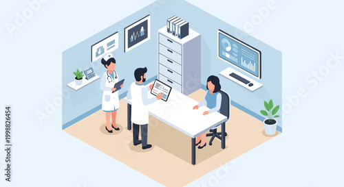 Doctor and nurse consulting patient in modern hospital office with computer