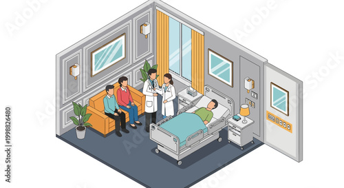 Doctor and two visitors in a hospital room with a patient on the bed