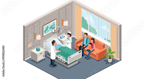 Doctor and nurse attending to a patient in a modern hospital room with family