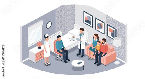 Doctor explaining medical information to a patient and family in a clinic