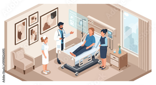 Medical team discusses patient care in a modern hospital room setting