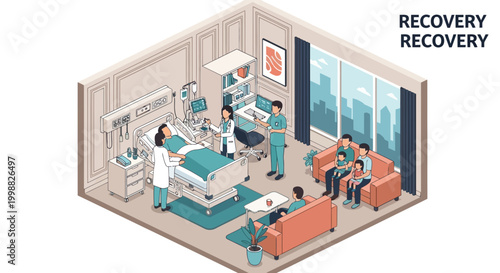 Medical team providing treatment and care in a modern hospital recovery room with patients