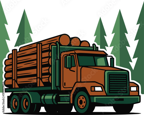 Vintage logging truck illustration with timber load in forest setting