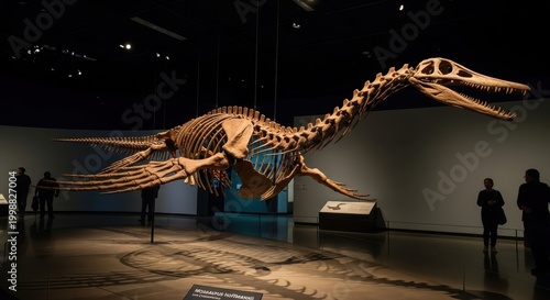 Museum Display of Ancient Plesiosaur Skeleton in Exhibit.