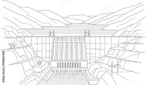 Modern hydroelectric dam structure generating renewable green electricity from water flow within a massive concrete wall set against a simple stylized sketch of mountain scenery
