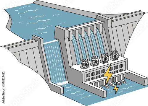 Detailed isometric illustration of a hydroelectric dam with water flowing through turbines generating electricity for power production