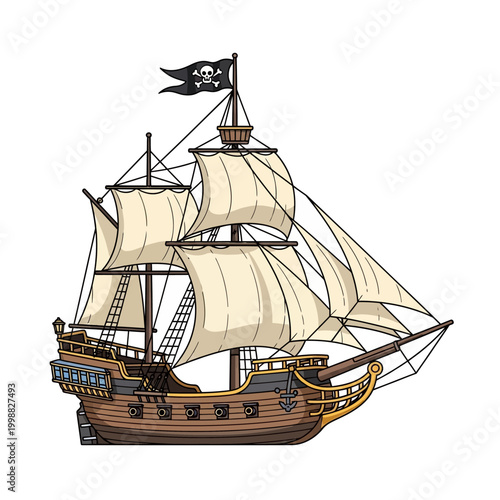 Vintage Pirate Ship Sailing with Jolly Roger Flag - Cartoon Style