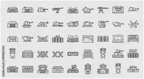 Collection of military equipment and structures, including tanks, bunkers, and fortifications, displayed in a line art style.