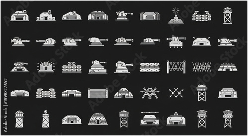 Collection of various military structures and fortifications, a comprehensive illustration.
