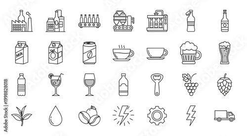Collection of various beverage icons, showcasing drinks and related elements in a line art style.