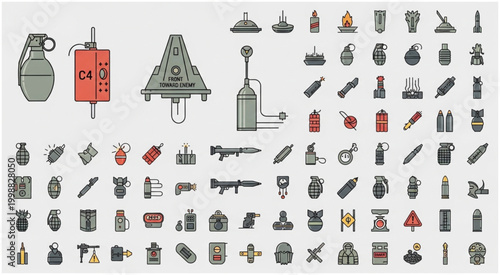 Collection of various military explosive devices and weaponry icons in a row.