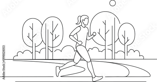 Woman running outdoors through a park path with trees and sun, symbolizing fitness and healthy lifestyle choices