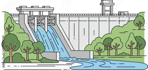 Stylized illustration of a large concrete hydroelectric dam with water flowing through spillways surrounded by lush green trees and a winding blue river.