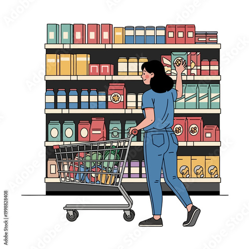 Woman Shopping for Groceries in Supermarket Aisle with Full Cart