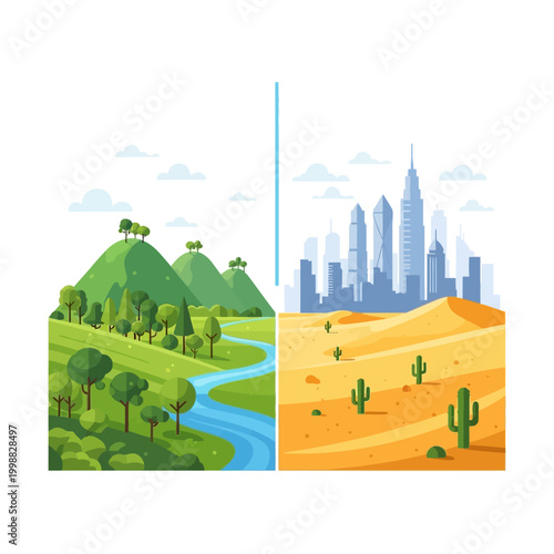Contrast: Lush green landscape vs. arid desert city, climate change concept