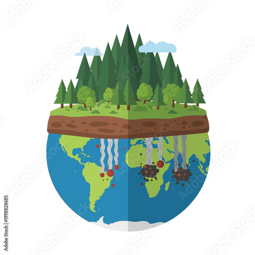 Cross-section of Earth showing deforestation and pollution, contrasting nature and industry.