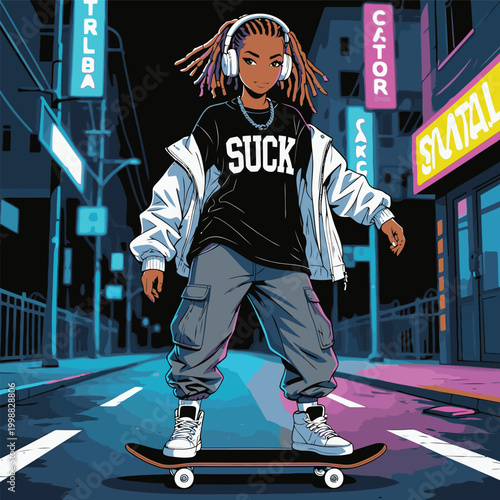 vector illustration of a young black man skateboarding