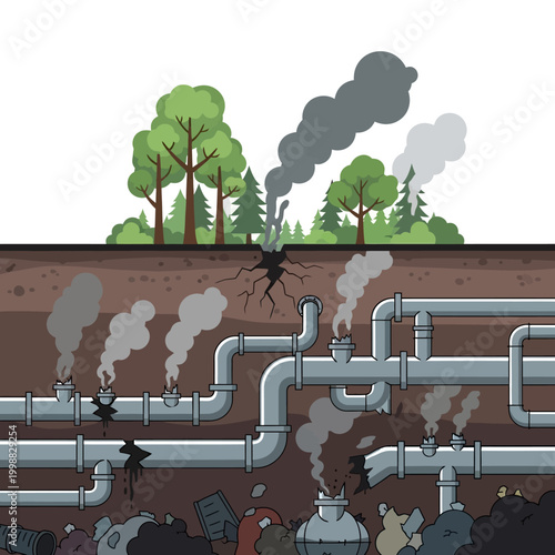 Environmental pollution: industrial pipes leak fumes and waste into the ground near forest