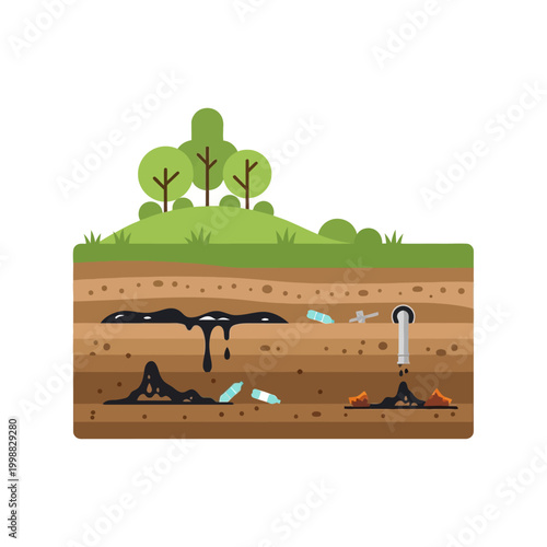 Environmental Pollution: Oil Spill and Contaminated Soil in Cross-Section with Trees