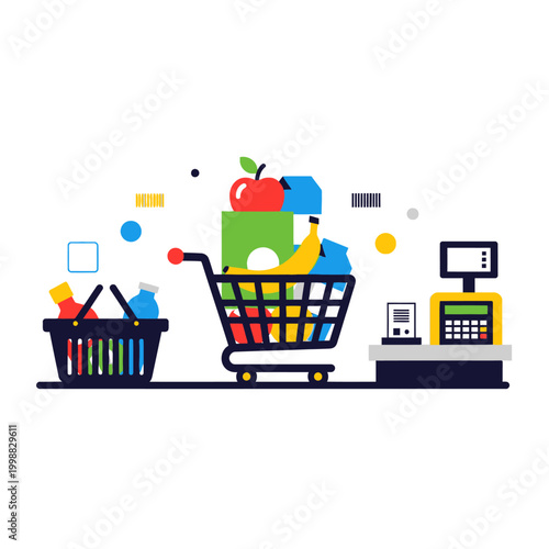 Grocery Shopping Cart and Basket with Food Items and Checkout Counter