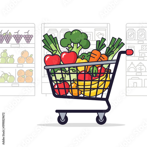 Grocery Shopping Cart Filled With Fresh Fruits and Vegetables