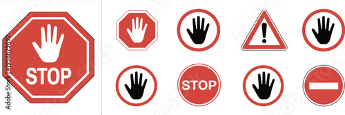 Red stop sign icon set hand stop gesture warning danger road safety vector illustration