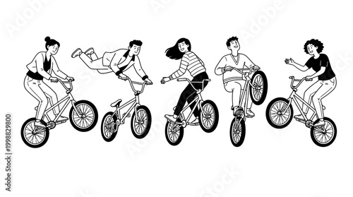 Group of Diverse Youth Enjoying BMX Biking Performing Tricks. Active L