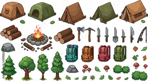 Camping equipment vector set, outdoor survival gear icons, forest adventure elements with tents and campfire, wilderness hiking kit collection