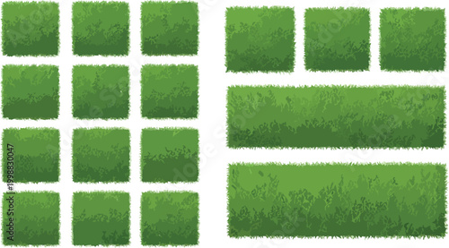 Green grass patches set, realistic lawn turf squares and borders vector, 17 textured sod elements for landscape design and architectural visualization