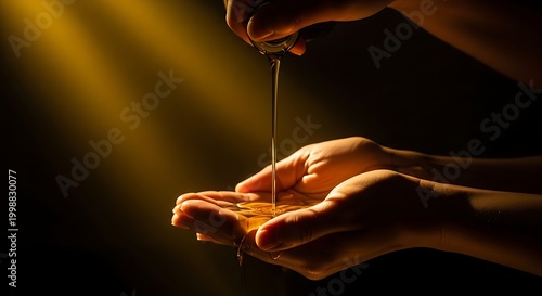 Golden oil pouring into cupped hands for skin care or spa treatment