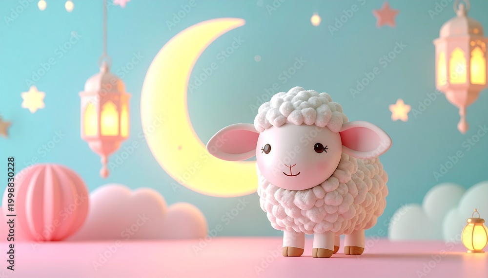 Naklejka premium Cute Eid al Adha Sheep Lantern Moon Mosque Night Scene Dream