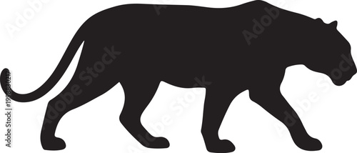 Black Silhouette of a Walking Tiger Isolated on White Background