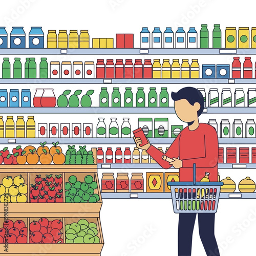 Man choosing product in grocery store aisle with shelves full of food items