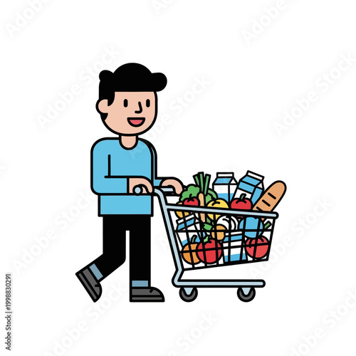 Man Pushing Shopping Cart Full of Groceries, Healthy Food, Supermarket Shopping