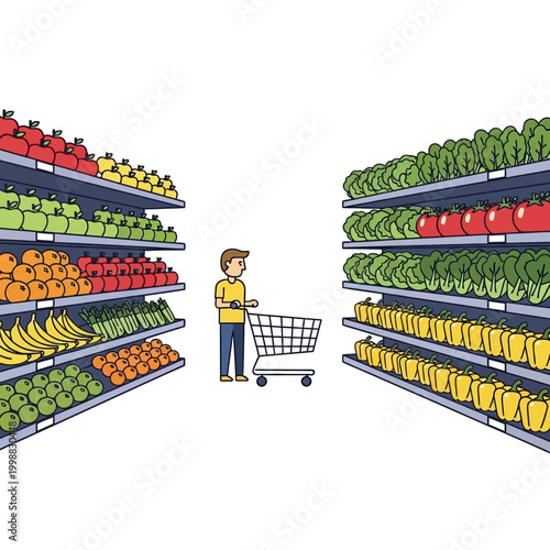 Man pushing shopping cart in grocery store aisle with fresh fruits and vegetables