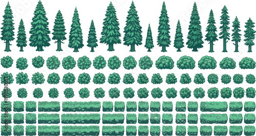 Pixel art pine trees and bushes collection, retro 8-bit forest vegetation set, green pixelated garden shrubs and conifers for game design
