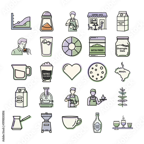 Coffee shop barista illustration in modern minimalist style or Coffee related icons set with colored outline design.